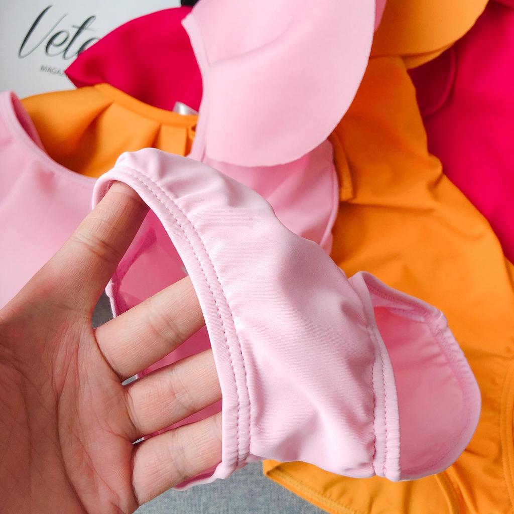 New Korean Style Girls' One-Piece Swimsuit with Ruffled Edges & Bow - Solid Color for Small to Medium Kids
