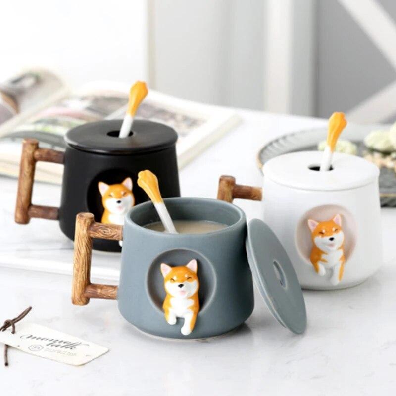 Niedliche Cartoon-Tier-Shiba-Inu-Keramikbecher, kreative Männer und Frauen, Paar mit Deckel, Löffel, Trinkwasser, Kaffeetasse