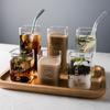 Quadratische Kaffeetasse aus Glas, bedruckt, transparent, hitzebeständig, große Kapazität, hoher Strohhalm, Trinkgeschirr für Mousse, Wein, Wasser, Saft, Milch