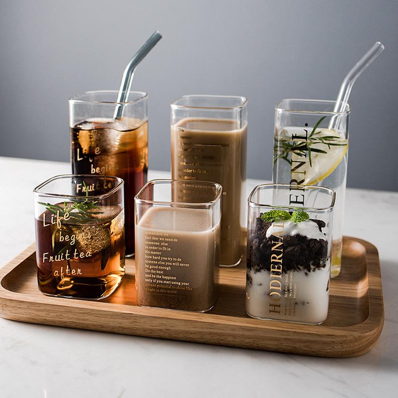 Quadratische Kaffeetasse aus Glas, bedruckt, transparent, hitzebeständig, große Kapazität, hoher Strohhalm, Trinkgeschirr für Mousse, Wein, Wasser, Saft, Milch