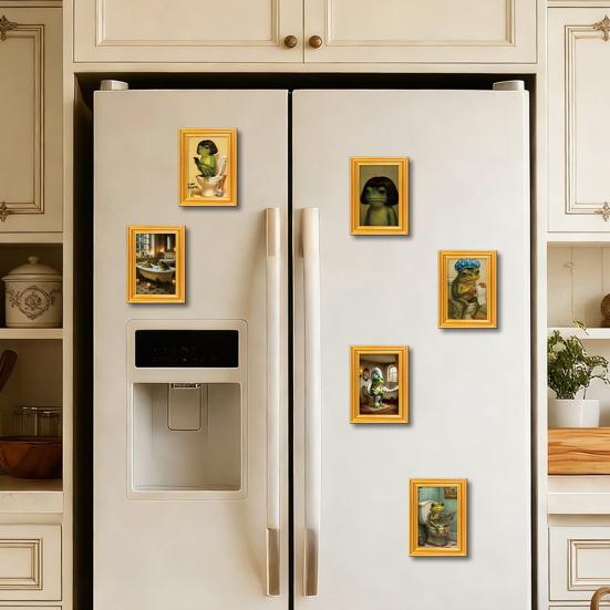 1/6Pcs Abstract Frog Refrigerator Magnet Vintage Cartoon Green Frog Fridge Magnet with Frame Home Kitchen Office Decoration