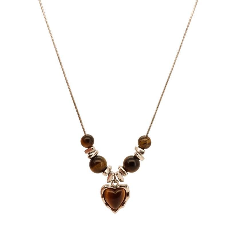Vintage Silver Color Cross Star Heart Pendant Necklace for Women Hiphop Punk Brown Stone Bead Necklace Sweater Chain Jewelry