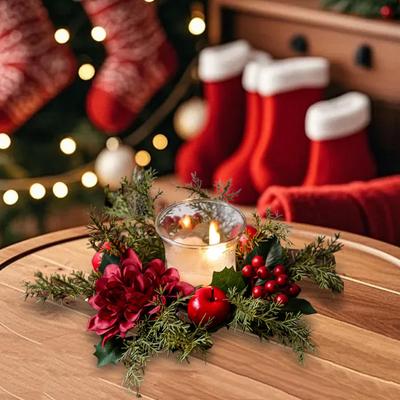 Small Tea Light Candle Holder Wreath Red Berry Garland Centerpiece for Christmas Kitchen Party Decor