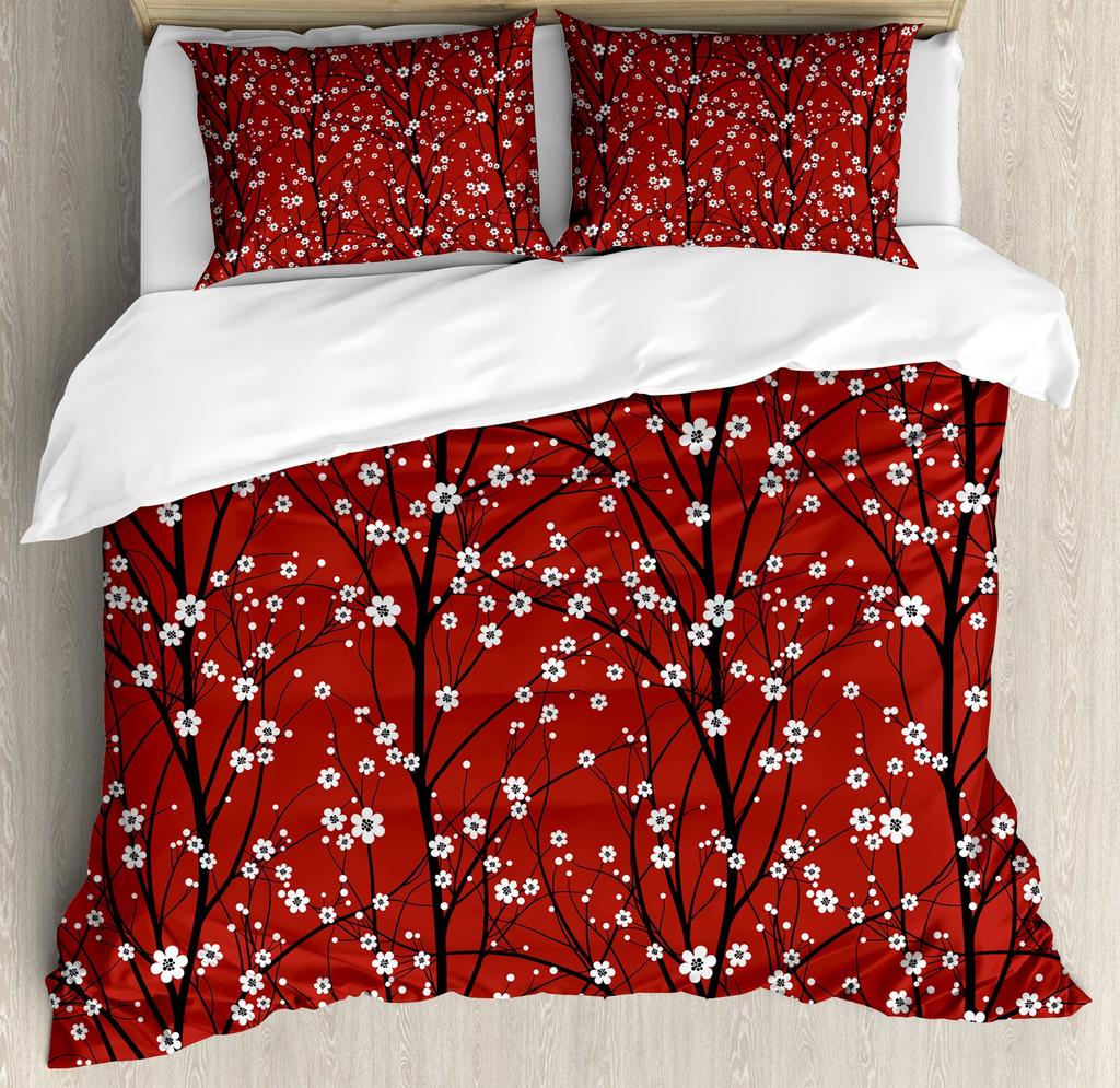 Cherry Blossoms Duvet Cover King/Queen Size,Japanese Sakura Tree Pink Floral Spring Vintage Cultural Bedding Set for Women Girls
