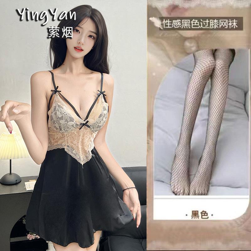 Sexy and beautiful satin splicing lace nightdress pure desire deep V backless home pajama set
