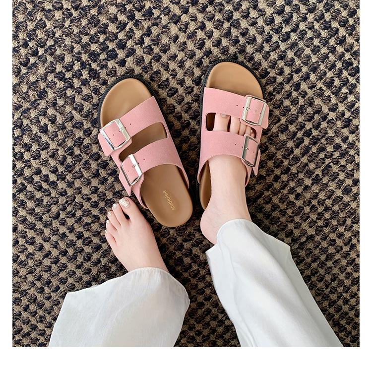 Slippers Women's Retro Leather Thick-soled Double Buckle Belt Birkenstock Slippers Sandals Outside Wear