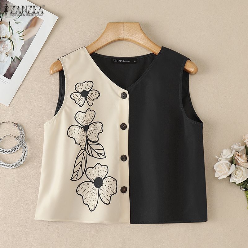 ZANZEA Women Casual V-Neck Sleeveless Print Tank Tops