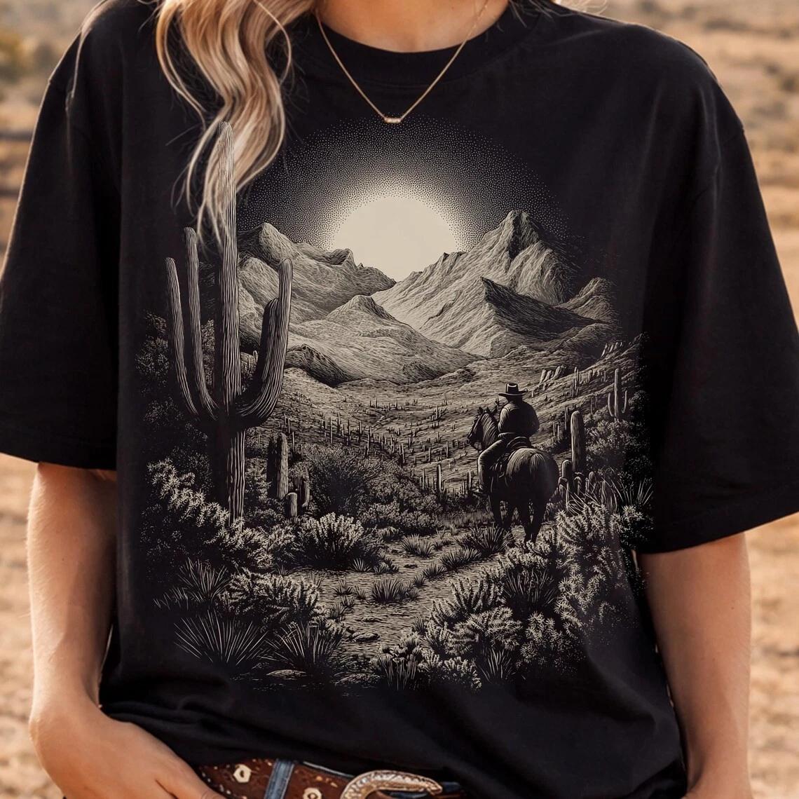 Halftone Western Cowboy Shirt Desert Landscape Tee Classic Horse Graphic Top 4XL