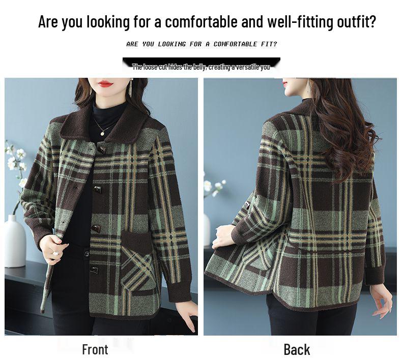 Mother's Spring/Fall Plaid Square-Neck Cardigan: 2025 New Wool Coat for Middle-Aged and Elderly Women