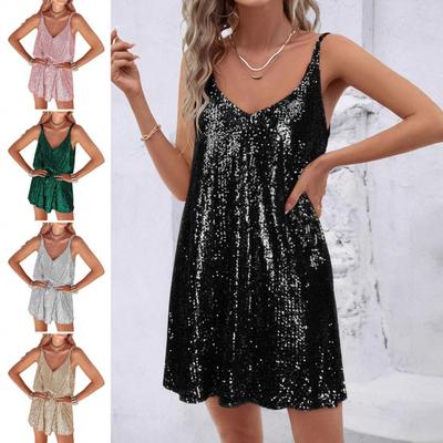 Women's Sparkly Sequin Mini Dress Sleeveless V Neck Glitter Cocktail Party Dress Sexy Going Out Outfits