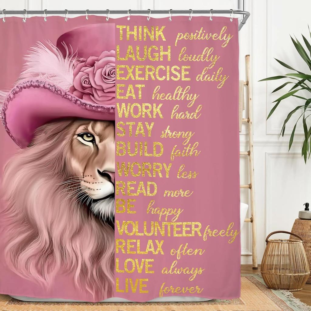Lion Man Shower Curtain Set - Black/Gold Motivational Quotes, Waterproof Masculine Bath Decor Inspirational Male Design