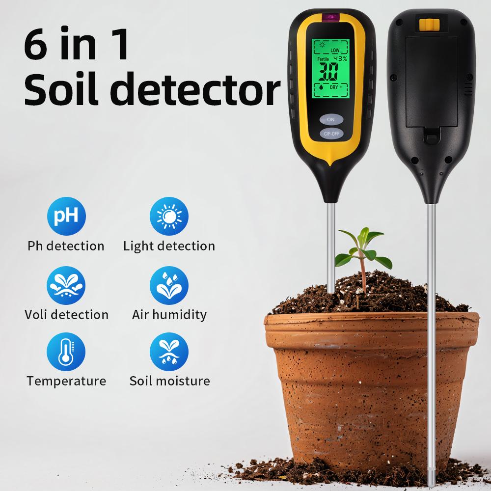 Handheld Soil Tester 6 In 1 Fertility pH Temp Moisture Light Humidity Meter LCD Soil PH Detector Plant Garden Soil Analyser