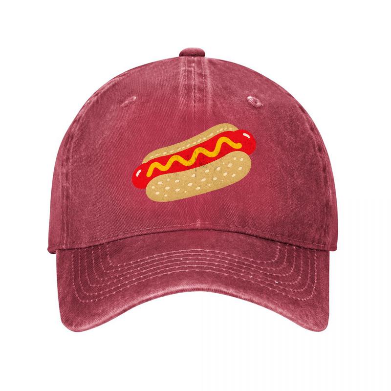 Hot Dog Pattern Vintage Washed Canvas Baseball Cap Unisex Adjustable Dad Hat Funny Food Design Casual Outdoor Summer Hat