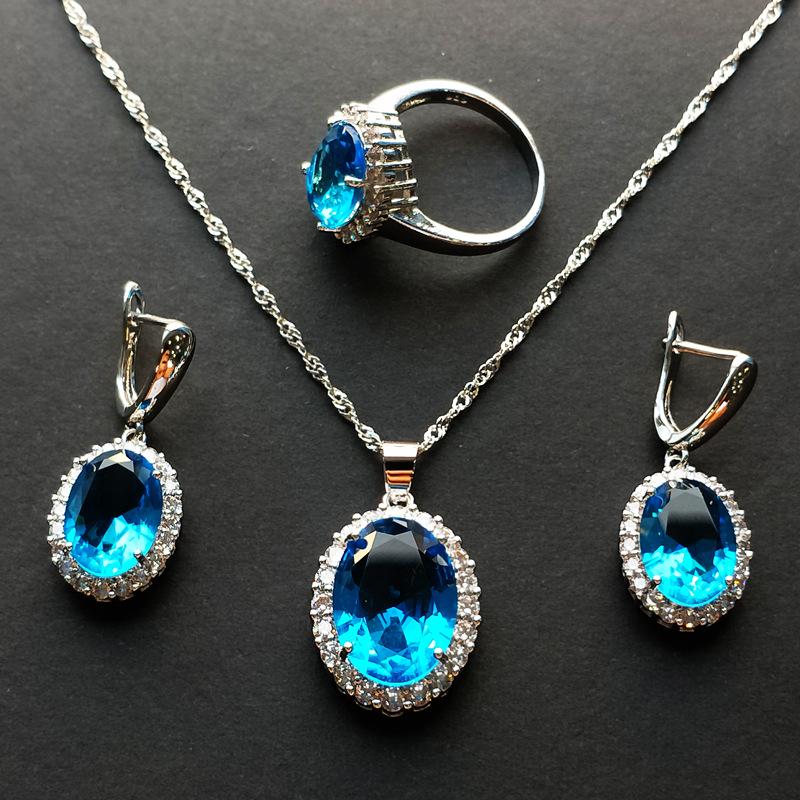 European-American Zircon Jewelry Set: Ring, Necklace, Earrings - Three-Piece Inlaid Zircon Collection