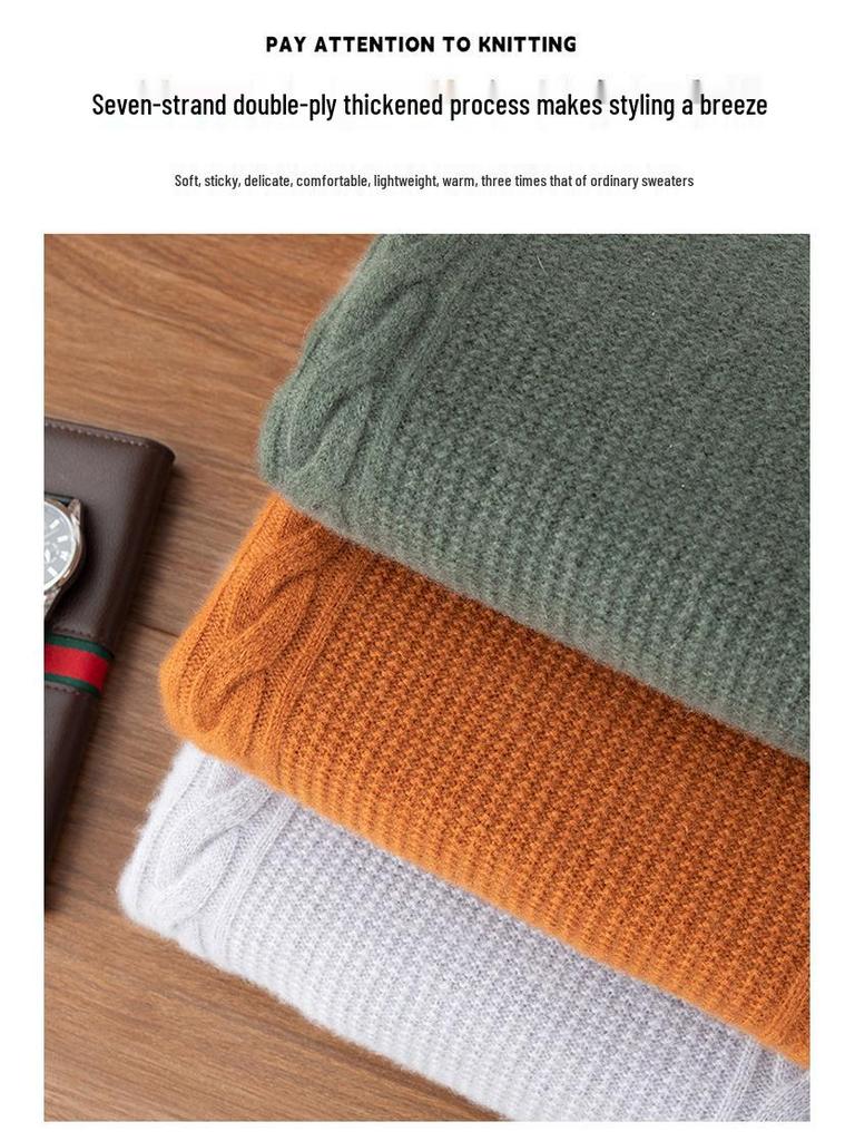 Men's Jacquard Knit Cashmere Sweater, Round Neck, Thickened for Autumn and Winter, Solid Color, Versatile Base Layer.
