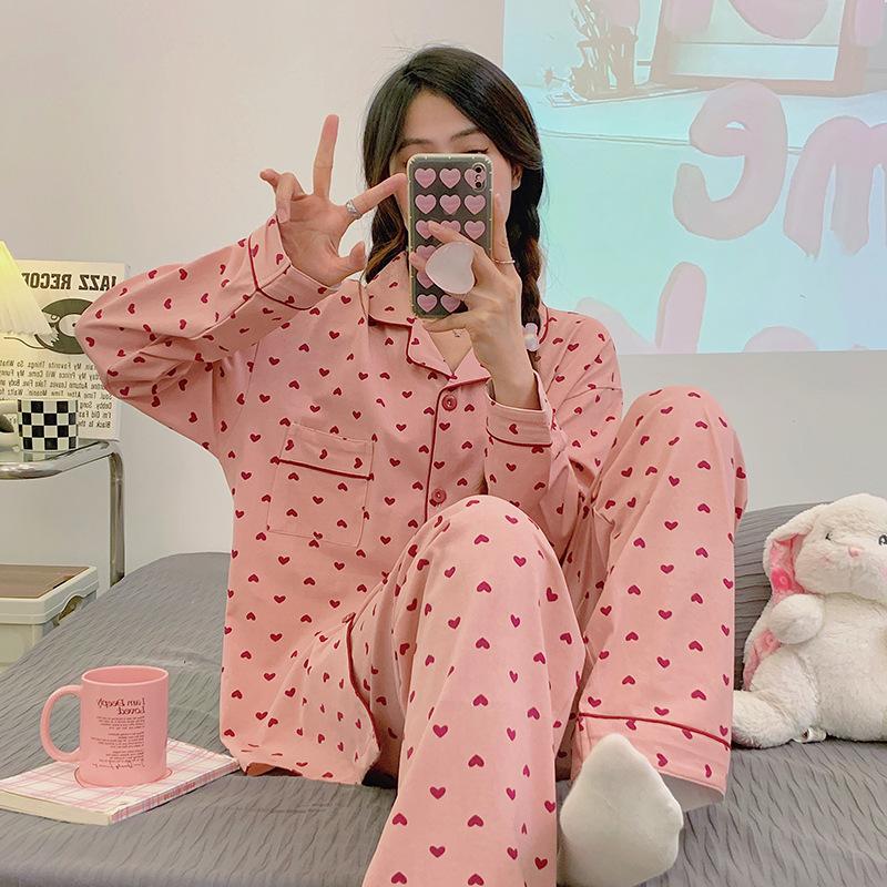 Wind Girl Printing Love Long-Sleeved Pajamas Women'S Spring And Autumn New Loungewear Suit Real Shot