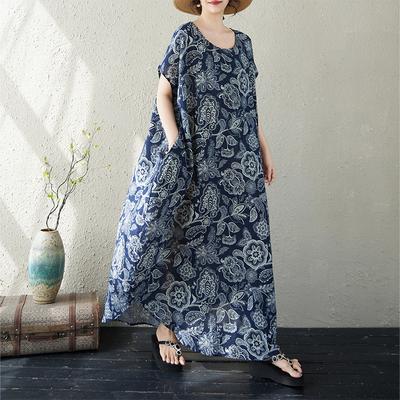 Vestido de verano largo holgado informal de manga corta y talla grande de algodón con estampado floral vintage para mujer