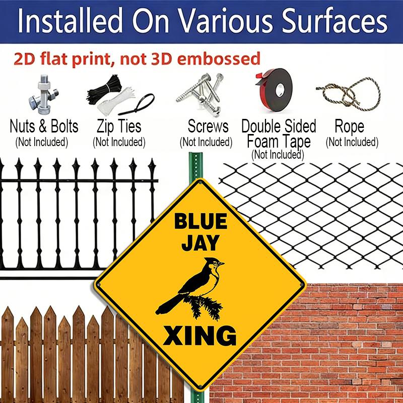 2D Flat 1pc, Funny Blue Jay Xing Crossing Sign - Metal Warning Plaque with Lettering & Bird Graphic, Yellow/Black Durable Iron Indoor/Outdoor