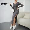 Daily Wear Autumn Dresses Women Round Neck Knitted Dress, Long Sleeve Pullover Sweater Formal Work Solid Color Stretchy Split Bodycon Dress for Winter