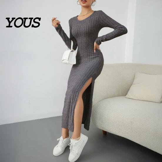 Daily Wear Autumn Dresses Women Round Neck Knitted Dress, Long Sleeve Pullover Sweater Formal Work Solid Color Stretchy Split Bodycon Dress for Winter