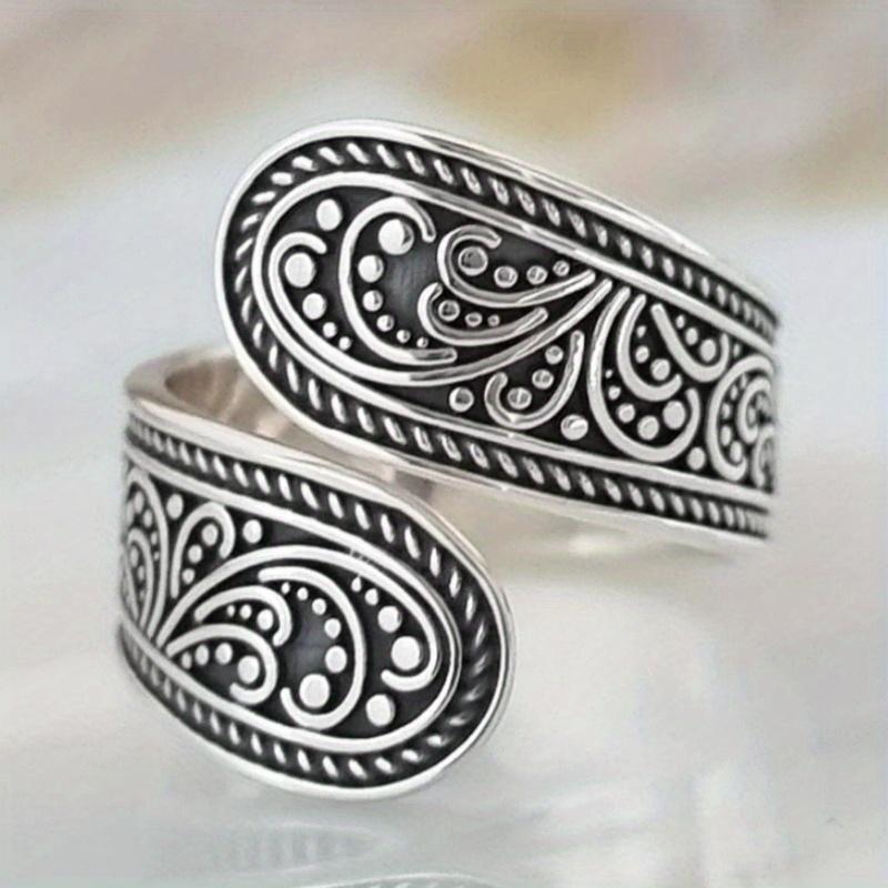 Böhmisch-Stil Handgeschnitzter Gemusterter Versilberter Offener Ring für Damen und Herren Verstellbarer Ring Ethnic Style Accessoires