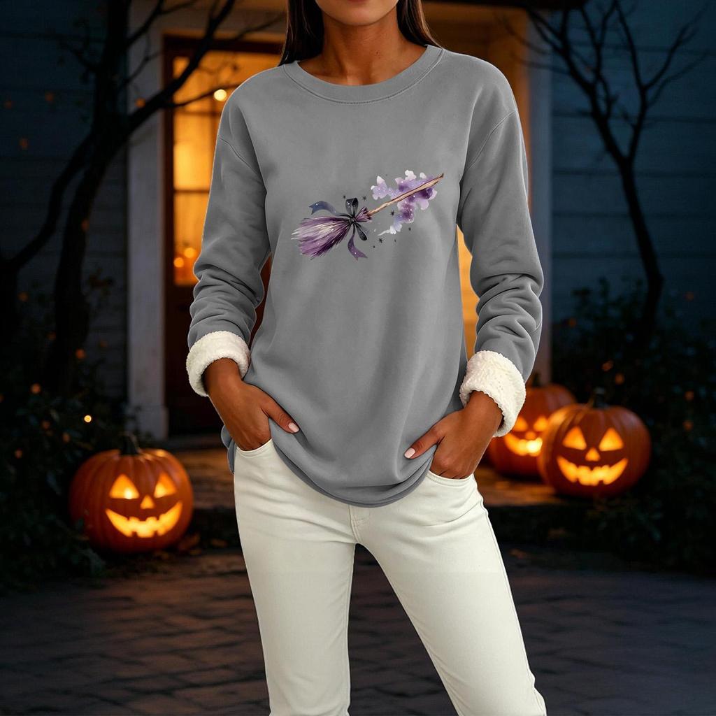 Women's Lined Long Sleeve Round Neck Halloween Print Tops for Winter Casual Wear