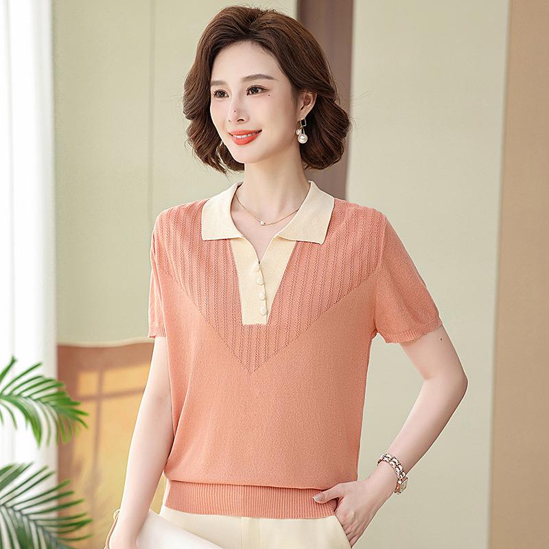 

Chic Summer Ice Silk Short-Sleeve T-Shirt for Middle-Aged Women - Loose Mulberry Silk Top with Lapel Design XL (suitable for 100-110 jin) рожевий/помаранчевий