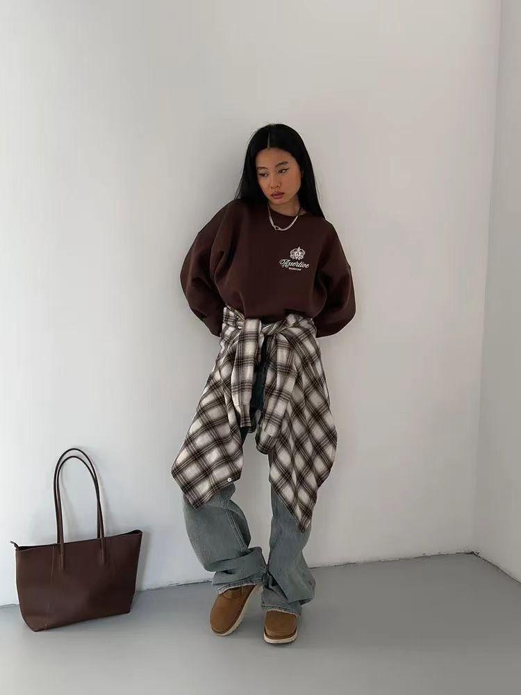 Women's Versatile Loose Plus Velvet Letter Print Sweatshirt - 2024 Autumn/Winter Lazy Style, Thickened, Round Neck