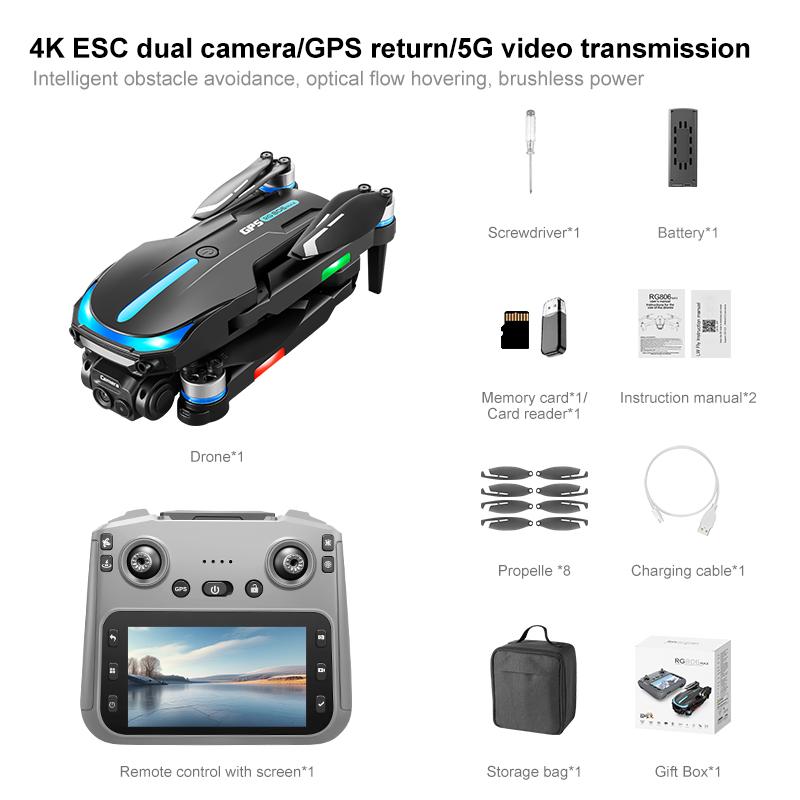 RG806 MAX GPS Drone 4K HD Camera Dual-lens Optical Flow Hover Obstacle Avoidance Brushless Motor Foldable With Screen RC Drones