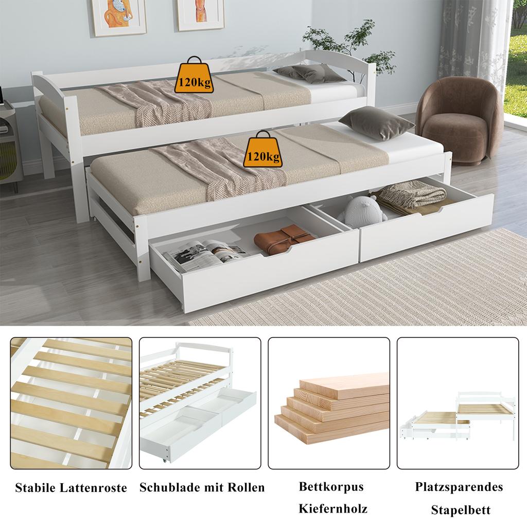 [29596364WAA] Cama de Dia, Cama de Solteiro e Casal, Cama Auxiliar com Rodízios por Baixo, com 2 Gavetas de MDF, Estrutura de Madeira Maciça, Branco (200x90cm/190x90cm)