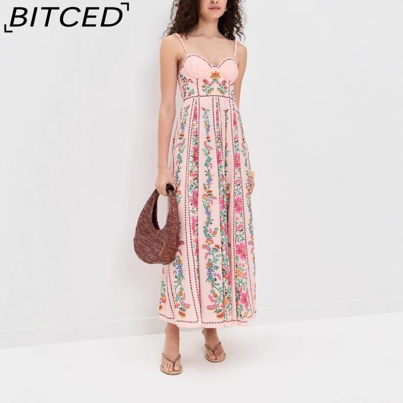 BITCED Women's Sexy Beaded Spaghetti Strap Positioned Print Resort Dress