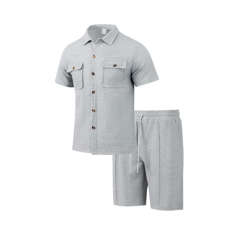 Men S Summer Workwear Short Sleeve Shirt Shorts Loose Waffle Set