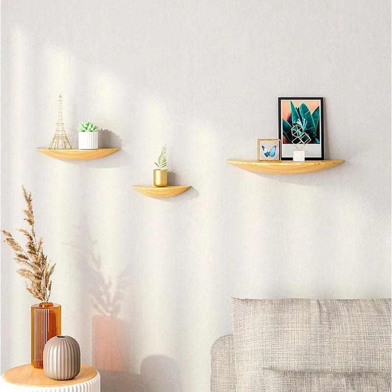Nordic Style Wall Mounted Semicircular Wood Wall Storage Rack Background Wall Display Home Decoration Item Storage Organization