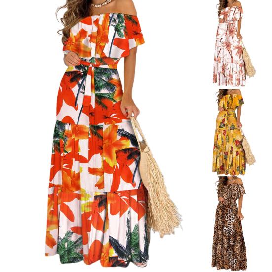 Vrijetijdsjurk voor dames, bedrukt, hoge taille, off-shoulder, ruches, stiksels, jurk voor strand