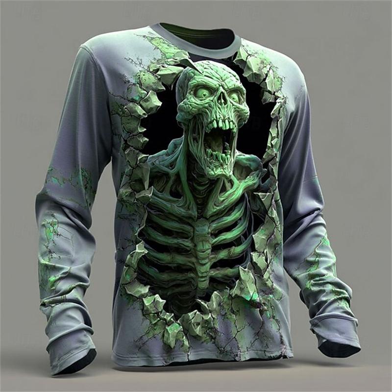 Monster Print Casual Men's Long-sleeved T-shirt Outdoor Vacation Round-neck Long-sleeved Spring and Autumn Clothing
