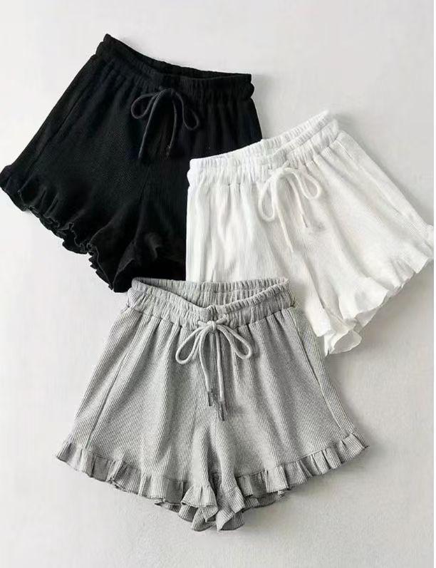 Women's Summer Lace Waffle Shorts: Elastic Waist, Lace-up, Ruffle Edge, Versatile Casual Sports Hot Pants