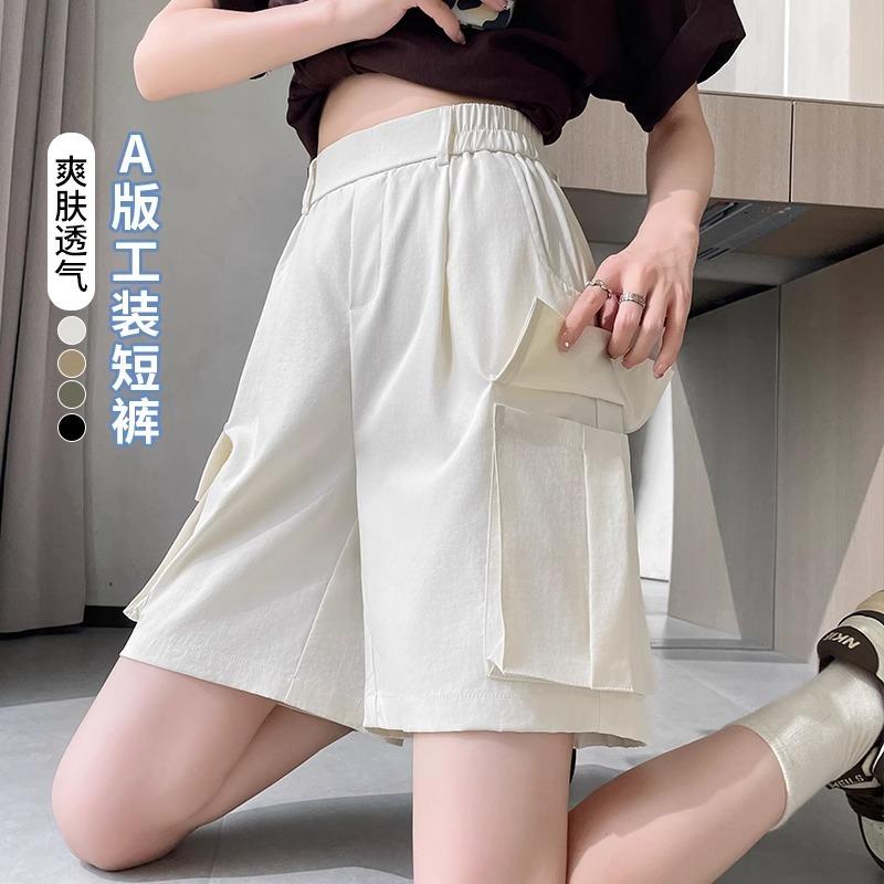 Army Green Tooling Shorts Women's Summer Thin High-waisted Thin A-shaped Wide-leg Pants Pure Cotton Sports Five-point Pants