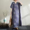 Summer Literary Plus Print V-neck Loose Vacation Style Short Sleeved Women's Dress
