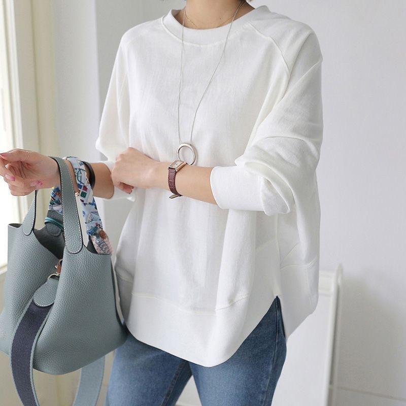 Japanese Korean Lazy Style Commute Design Autumn Hoodie Women Slit Round Neck Long Sleeve Base Layer