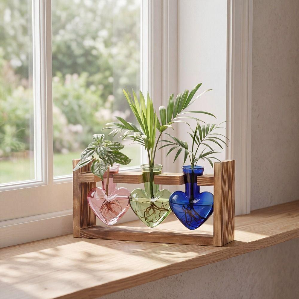 Flower Holder Transparent Heart Shaped Glass Vase Colorful Wooden Stand Flower Container Elegant Desktop Vase Home Decoration