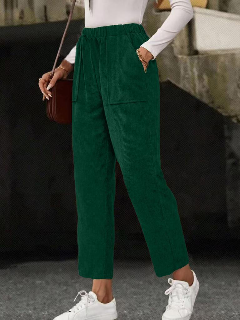 New Fall Women's Clothing Solid Elastic Waist Corduroy Pants Women Straight Leg Casual