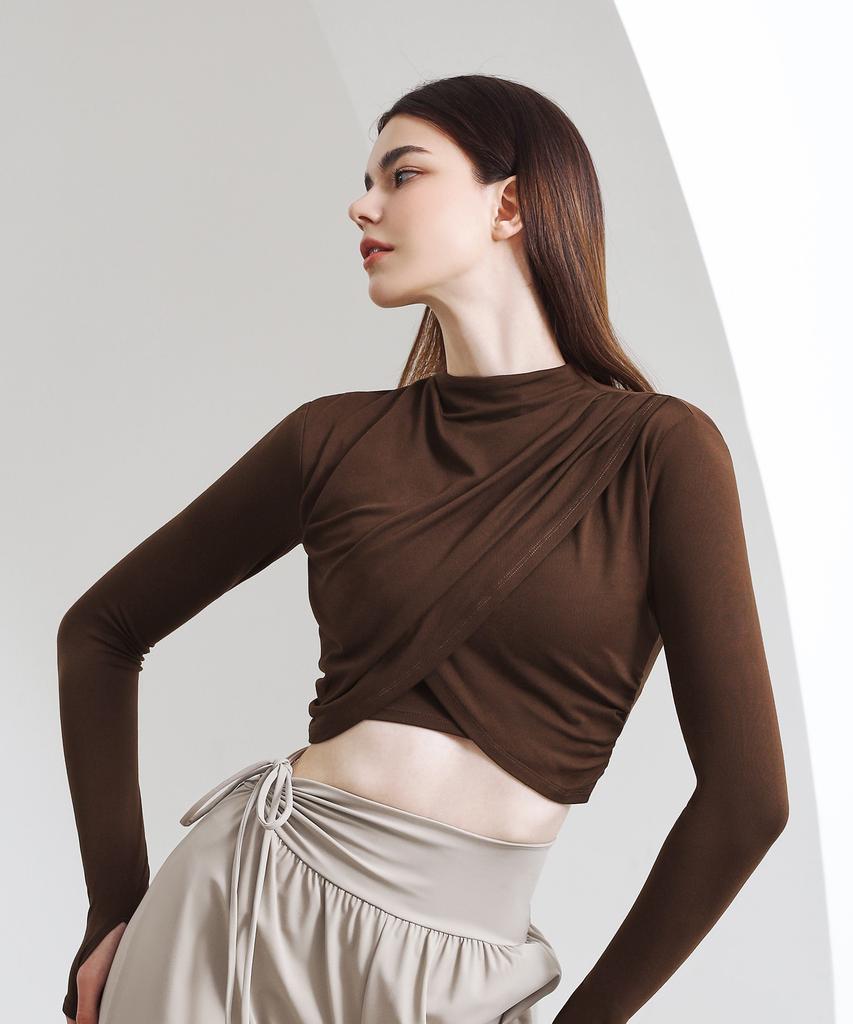 GRANDE LINE High Neck Shirred Cross Long Sleeve_8 Colors