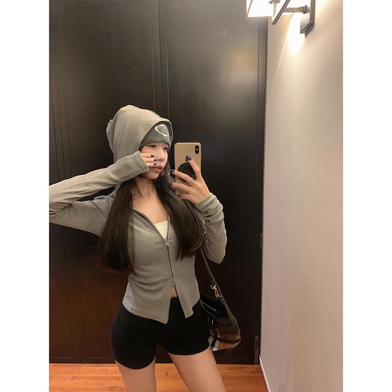 Korean Sweet & Spicy Women's Dark Blue Hooded Sweatshirt Jacket - Slim Fit, Double Zipper, Long Sleeve, Autumn Arrival