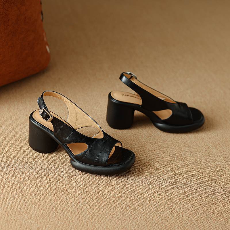 

Krazing Pot Кожа коровы Открытый носок Размер 41 Круглый высокий каблук Летняя обувь Ремешки с пряжками Бежевый цвет Винтажные сандалии 41 чёрный