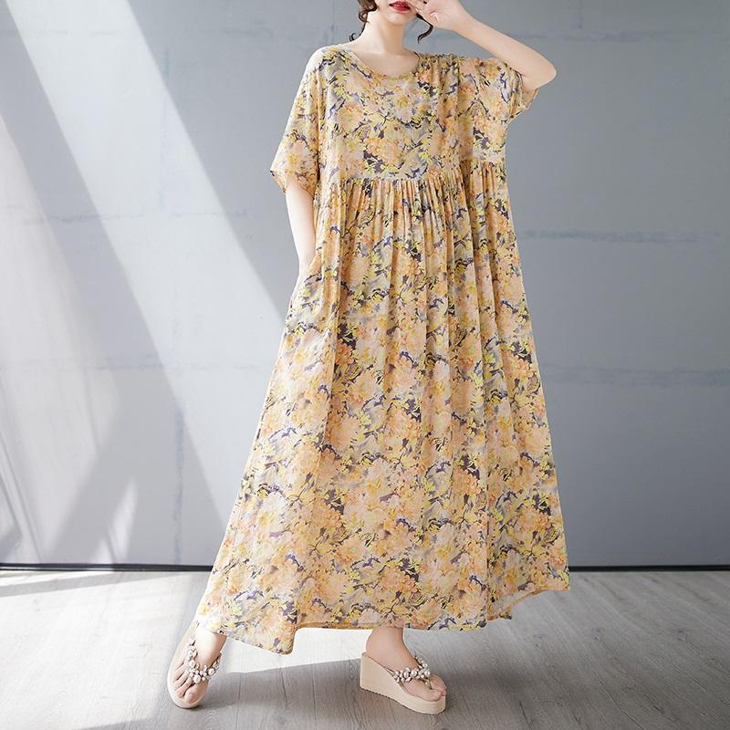 Short Sleeve Plus Size Cotton Vintage Floral New In Dresses for Women Casual Loose Long Summer