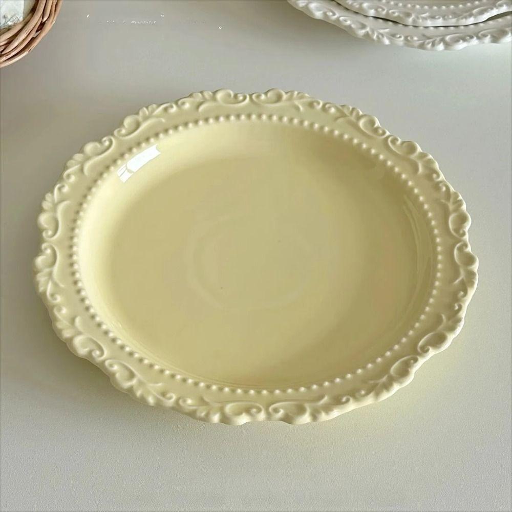 Embossed Design Ceramic Dessert Plate White/Yellow Color Western Dining Tableware  Kitchen Use