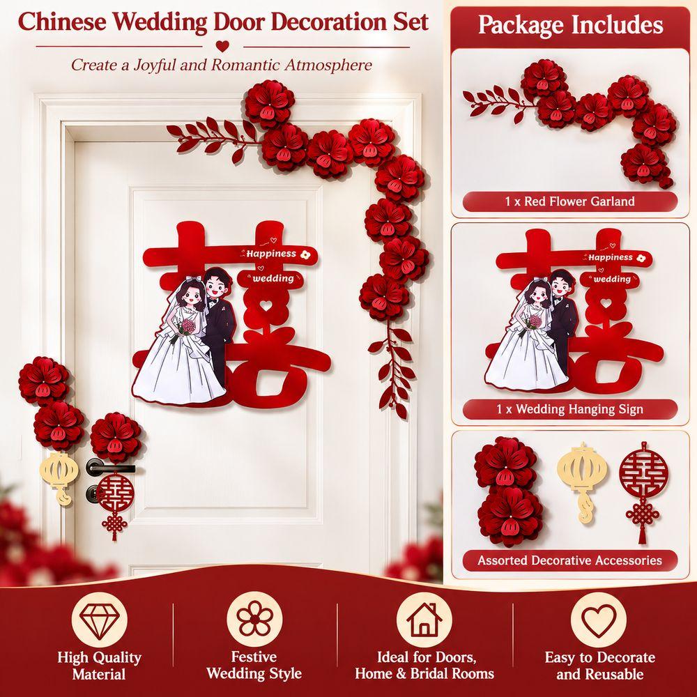 Red Flower Garland Wedding Door Hanging Chinese Double Happiness Sign Home Entrance Decor