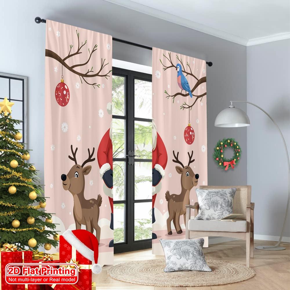 2pcs 2D Flat Printing Christmas Window Drapes Santa Claus Reindeer Christmas Celebration Polyester Without Electricity Party