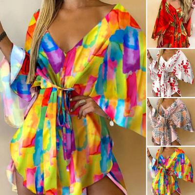 V-Neck Batwing Sleeve Irregular Hem Holiday Dress Summer Waist Drawstring Tropical Leaves Print Mini Dress Female Clothes