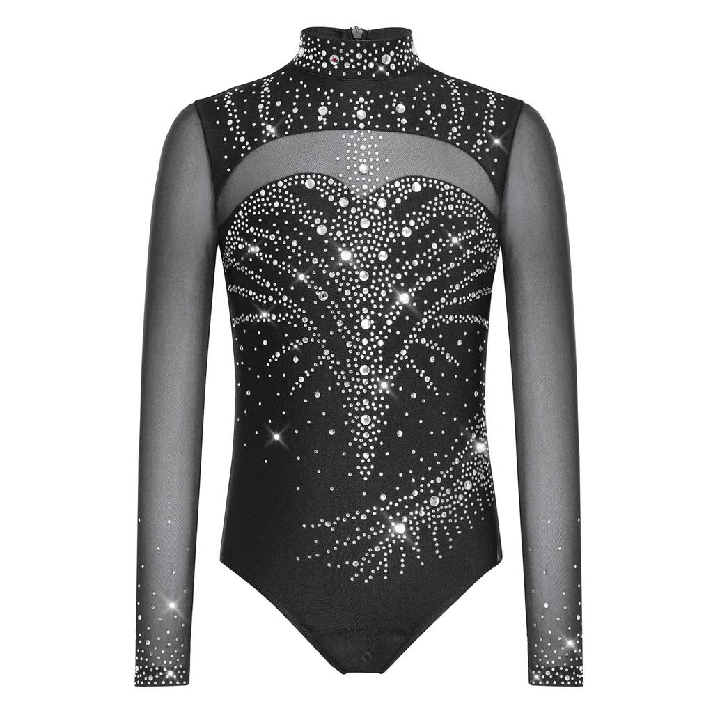 Mädchen Rollkragen Unitard Langarm Netz-Patchwork Glitzernde Strasssteine Rücken Unsichtbarer Reißverschluss Gymnastikbodysuit